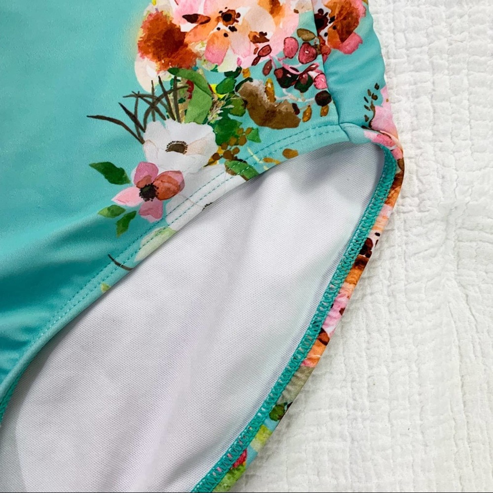 Janela Bay High Waisted Aqua & Pink Floral Swim Bottoms Size Extra Small - Picture 6 of 12
